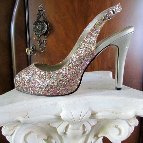 GLITTER SHOES, 7, GALA GLAM, SPARKLY COLORIFFICS SLINGBACKS w 4" HEELS, PARTY! - Picture 9 of 11